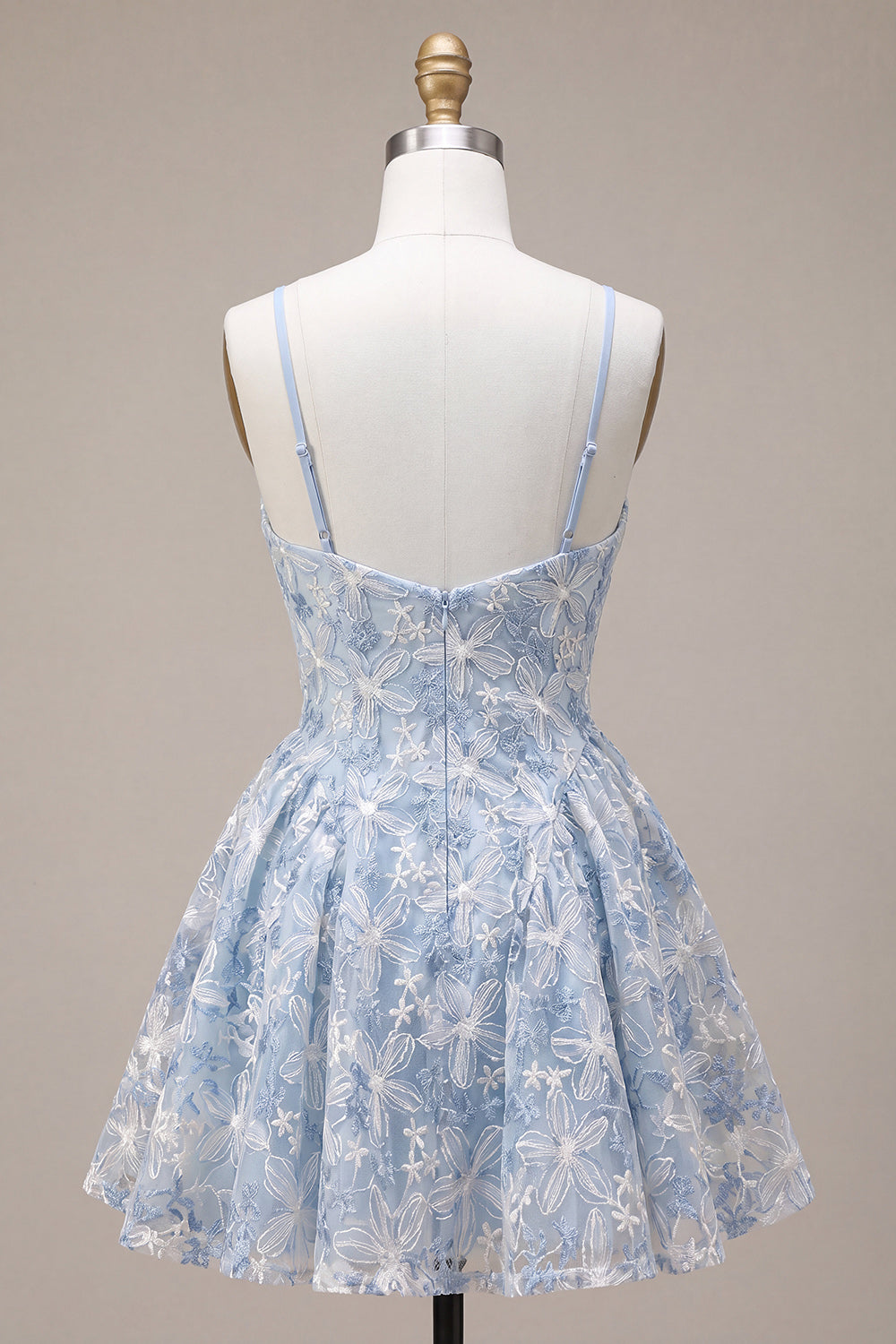 A Line Dusty Blue Floral Spaghetti Straps Short Homecoming Dress