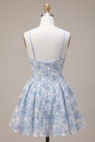 A Line Dusty Blue Floral Spaghetti Straps Short Homecoming Dress