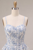 A Line Dusty Blue Floral Spaghetti Straps Short Homecoming Dress