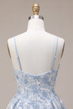 A Line Dusty Blue Floral Spaghetti Straps Short Homecoming Dress