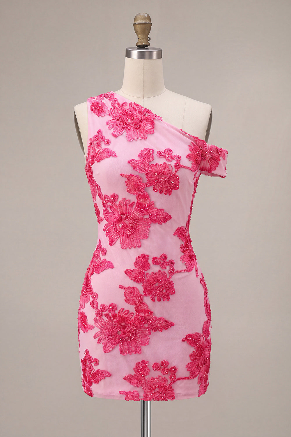 Fuchsia Floral One Shouler Tight Short Homecoming Dress