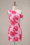Fuchsia Floral One Shouler Tight Short Homecoming Dress