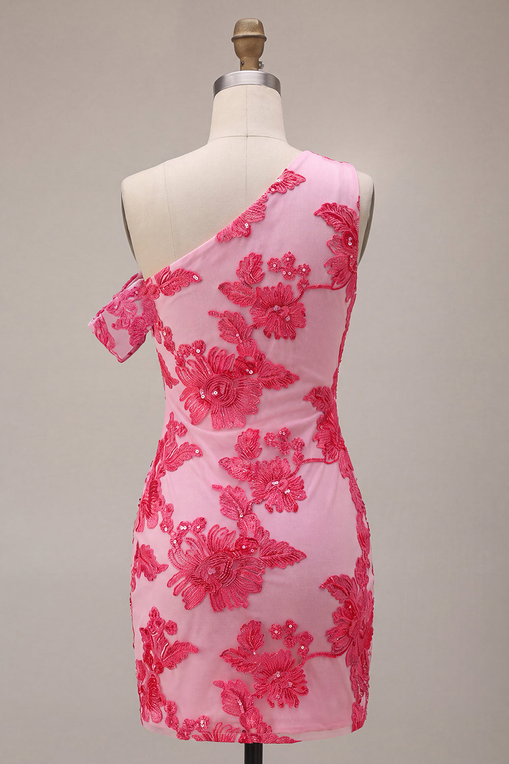 Fuchsia Floral One Shouler Tight Short Homecoming Dress