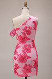 Fuchsia Floral One Shouler Tight Short Homecoming Dress