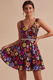 Black Floral A Line Sparkly Sequin Short Homecoming Dress