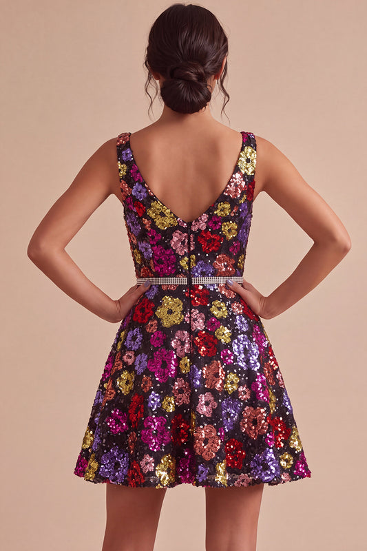 Black Floral A Line Sparkly Sequin Short Homecoming Dress