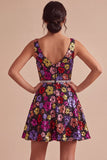 Black Floral A Line Sparkly Sequin Short Homecoming Dress