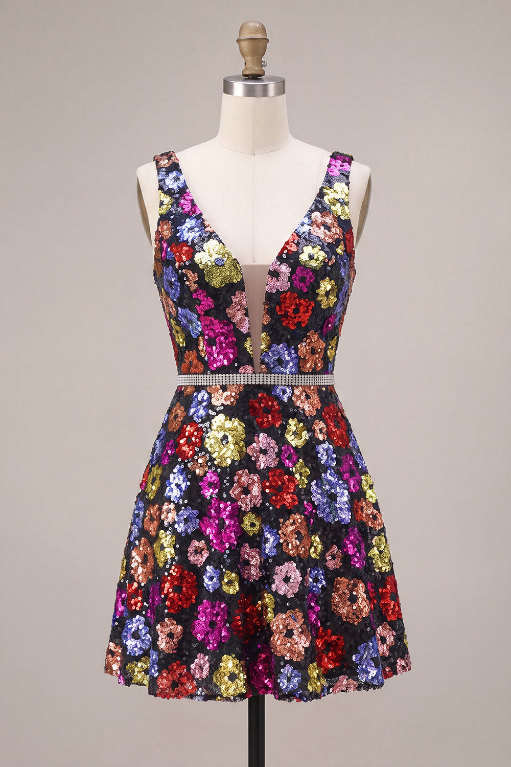 Black Floral A Line Sparkly Sequin Short Homecoming Dress