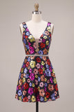 Black Floral A Line Sparkly Sequin Short Homecoming Dress