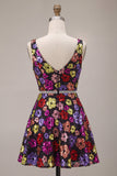 Black Floral A Line Sparkly Sequin Short Homecoming Dress