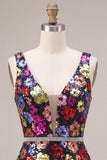 Black Floral A Line Sparkly Sequin Short Homecoming Dress
