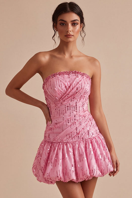 Sparkly Pink Sequin A Line Short Bubble Homecoming Dress