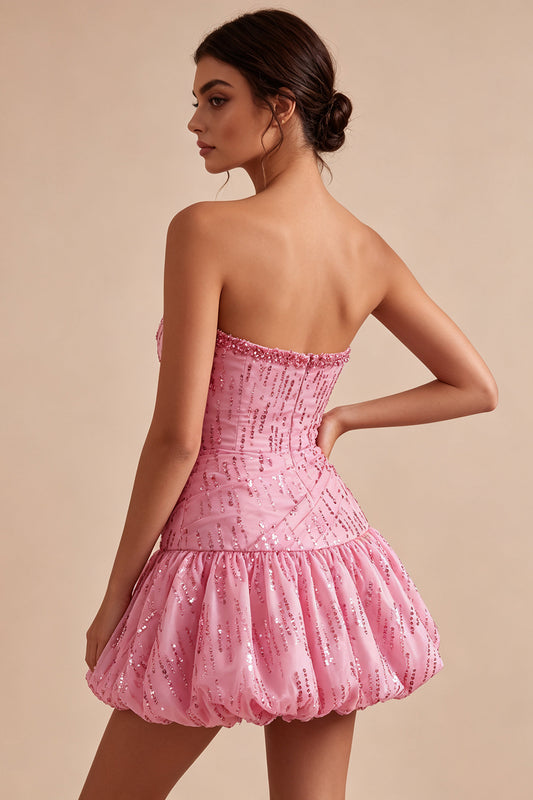 Sparkly Pink Sequin A Line Short Bubble Homecoming Dress