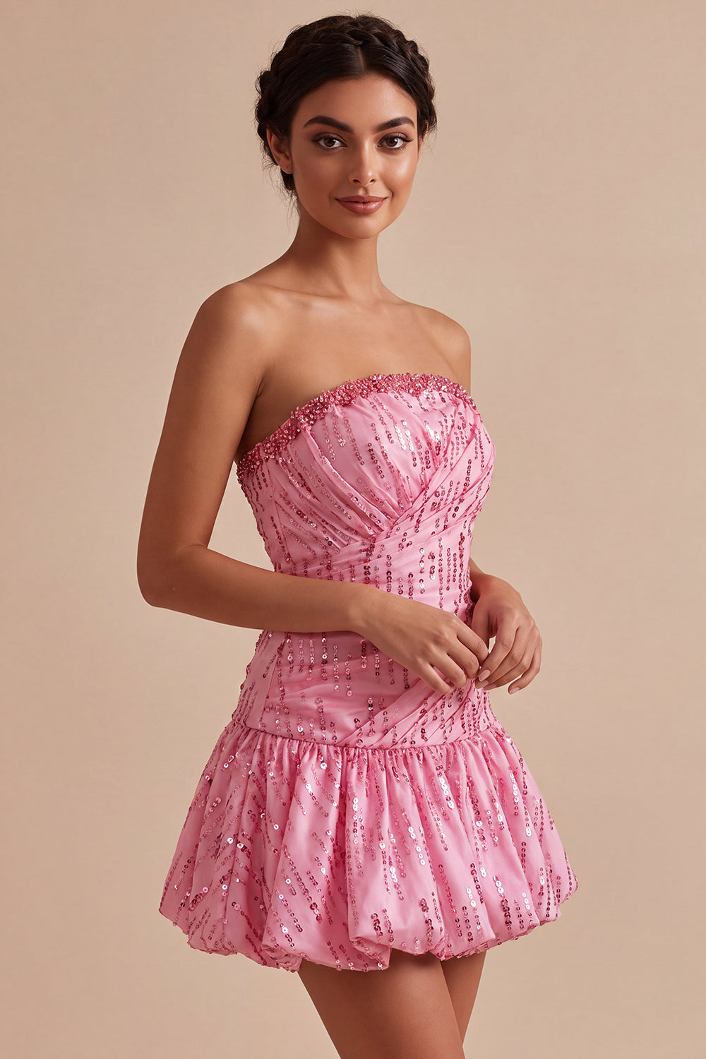 Sparkly Pink Sequin A Line Short Bubble Homecoming Dress