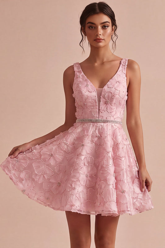 Floral Pink A Line Beaded V-Neck Short Homecoming Dress