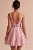 Floral Pink A Line Beaded V-Neck Short Homecoming Dress
