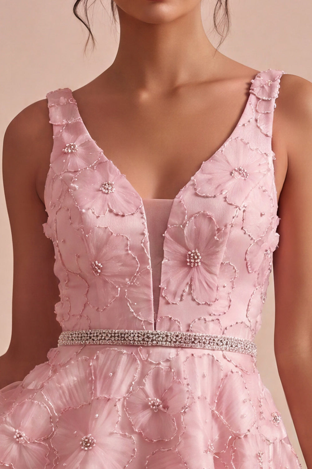 Floral Pink A Line Beaded V-Neck Short Homecoming Dress