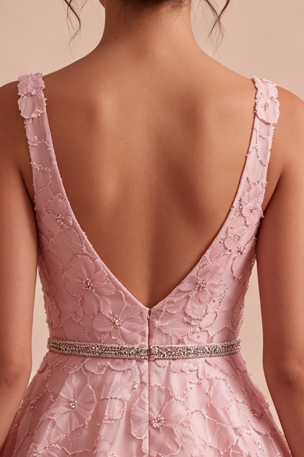 Floral Pink A Line Beaded V-Neck Short Homecoming Dress