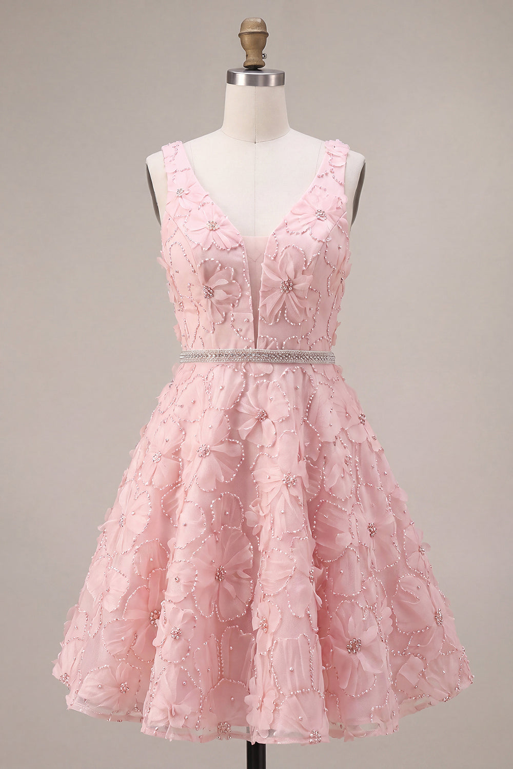 Floral Pink A Line Beaded V-Neck Short Homecoming Dress