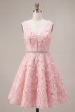 Floral Pink A Line Beaded V-Neck Short Homecoming Dress