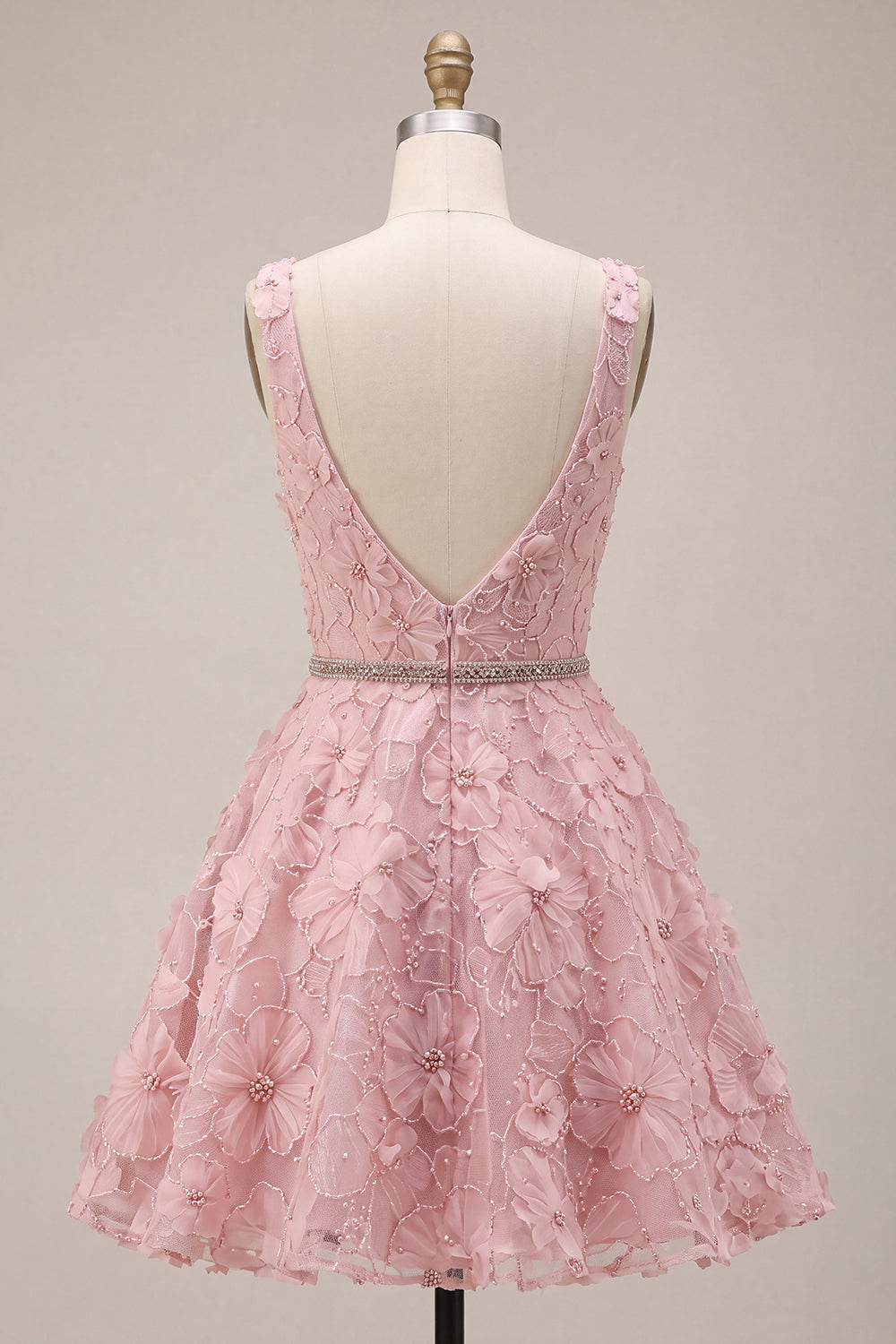 Floral Pink A Line Beaded V-Neck Short Homecoming Dress