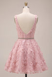 Floral Pink A Line Beaded V-Neck Short Homecoming Dress