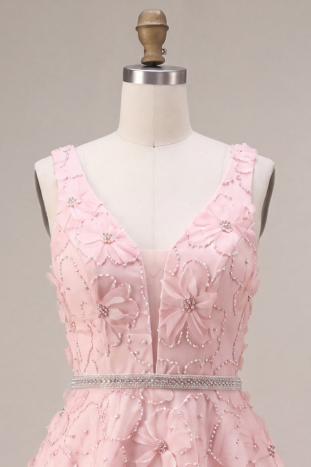 Floral Pink A Line Beaded V-Neck Short Homecoming Dress