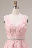 Floral Pink A Line Beaded V-Neck Short Homecoming Dress