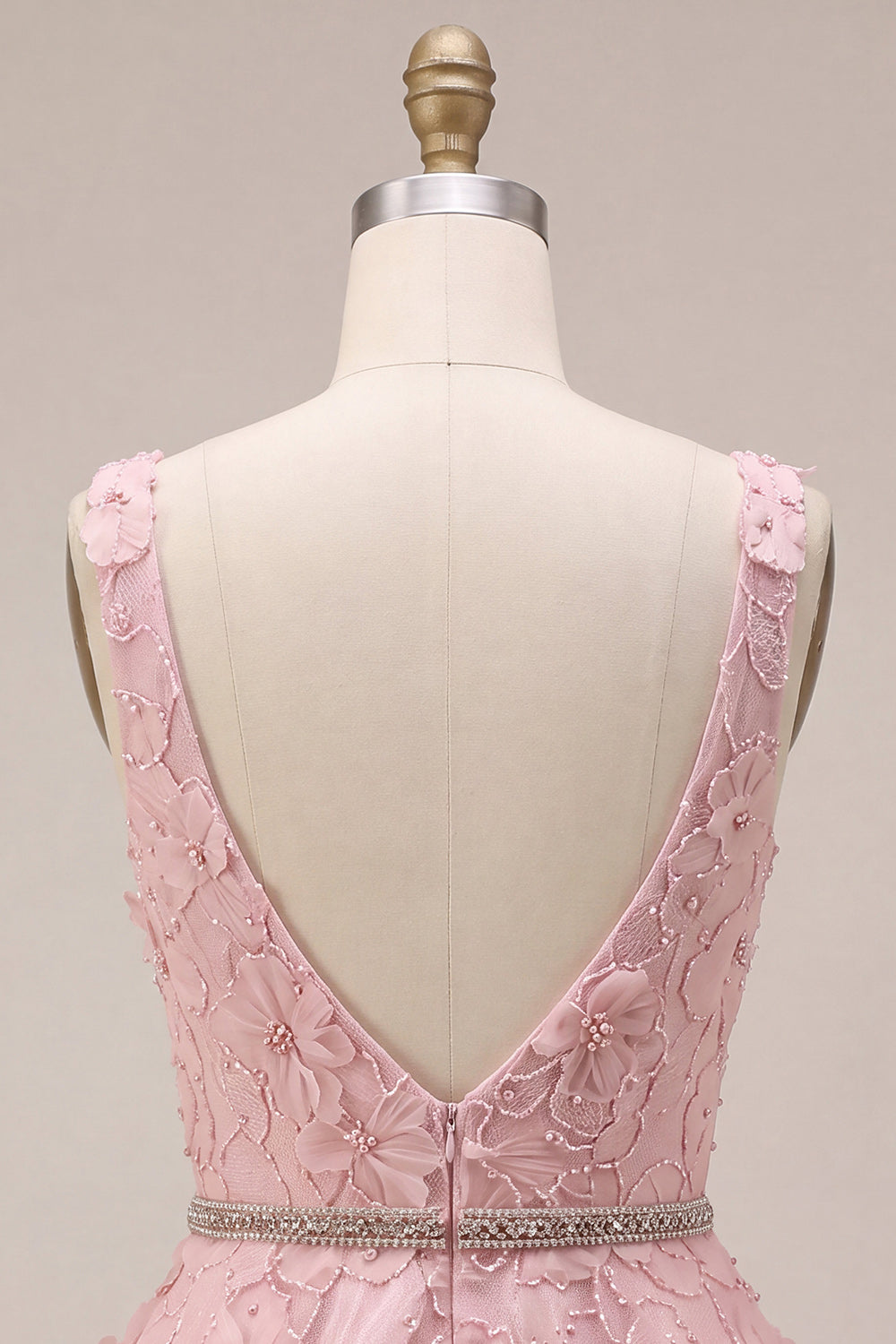 Floral Pink A Line Beaded V-Neck Short Homecoming Dress