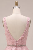 Floral Pink A Line Beaded V-Neck Short Homecoming Dress