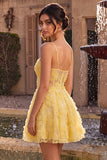A Line Yellow Floral Corset Beaded Short Homecoming Dress