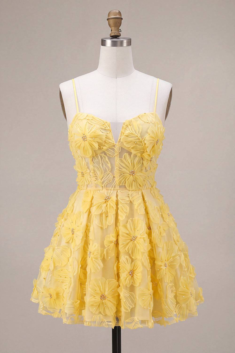 A Line Yellow Floral Corset Beaded Short Homecoming Dress