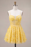 A Line Yellow Floral Corset Beaded Short Homecoming Dress