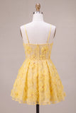 A Line Yellow Floral Corset Beaded Short Homecoming Dress