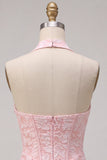 Halter Pink Jacquard Corset Tight Backless Short Homecoming Dress