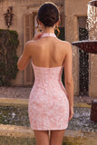 Halter Pink Jacquard Corset Tight Backless Short Homecoming Dress