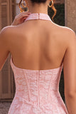Halter Pink Jacquard Corset Tight Backless Short Homecoming Dress