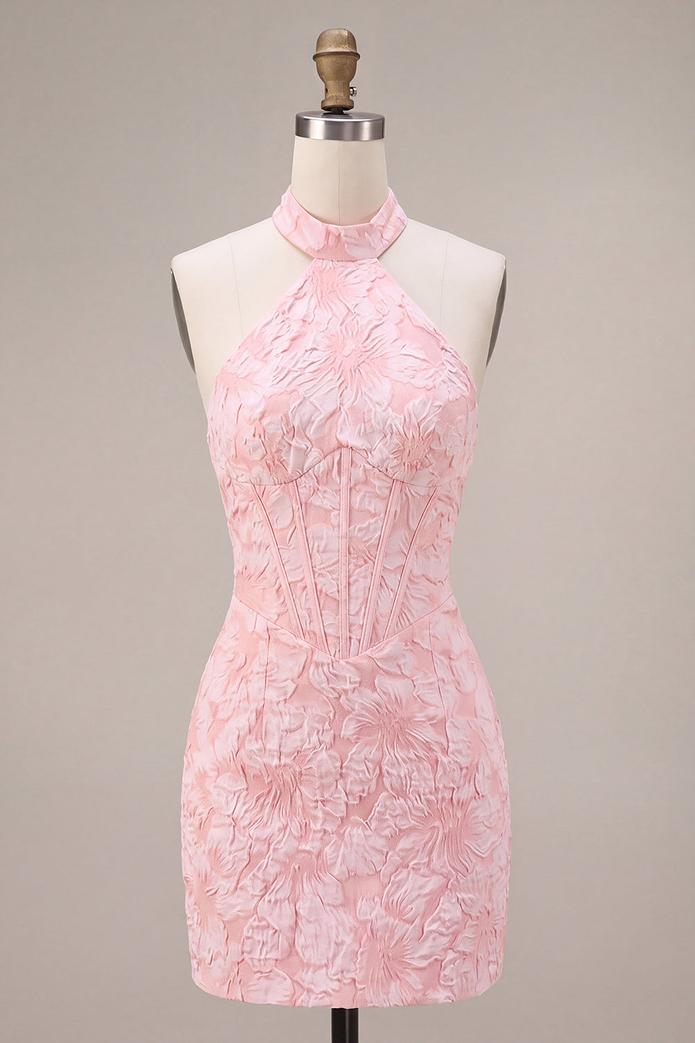 Halter Pink Jacquard Corset Tight Backless Short Homecoming Dress