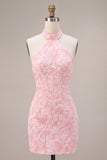 Halter Pink Jacquard Corset Tight Backless Short Homecoming Dress