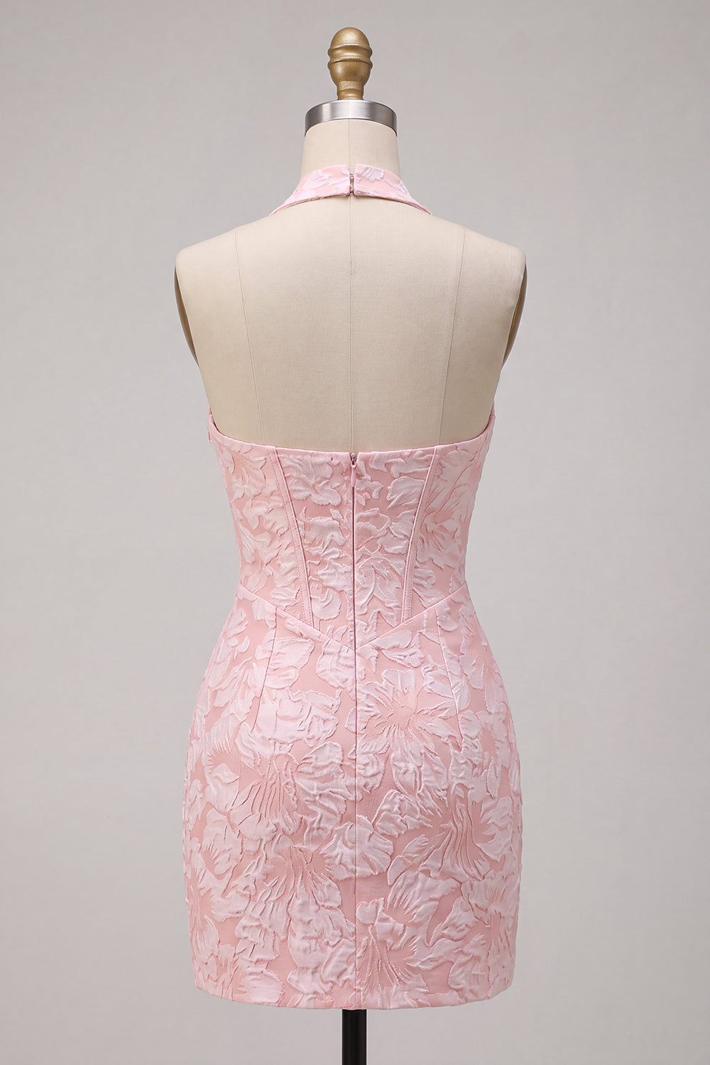 Halter Pink Jacquard Corset Tight Backless Short Homecoming Dress