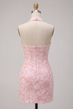 Halter Pink Jacquard Corset Tight Backless Short Homecoming Dress