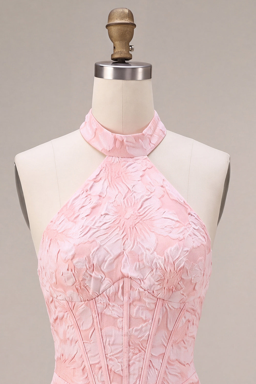 Halter Pink Jacquard Corset Tight Backless Short Homecoming Dress