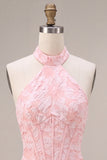 Halter Pink Jacquard Corset Tight Backless Short Homecoming Dress