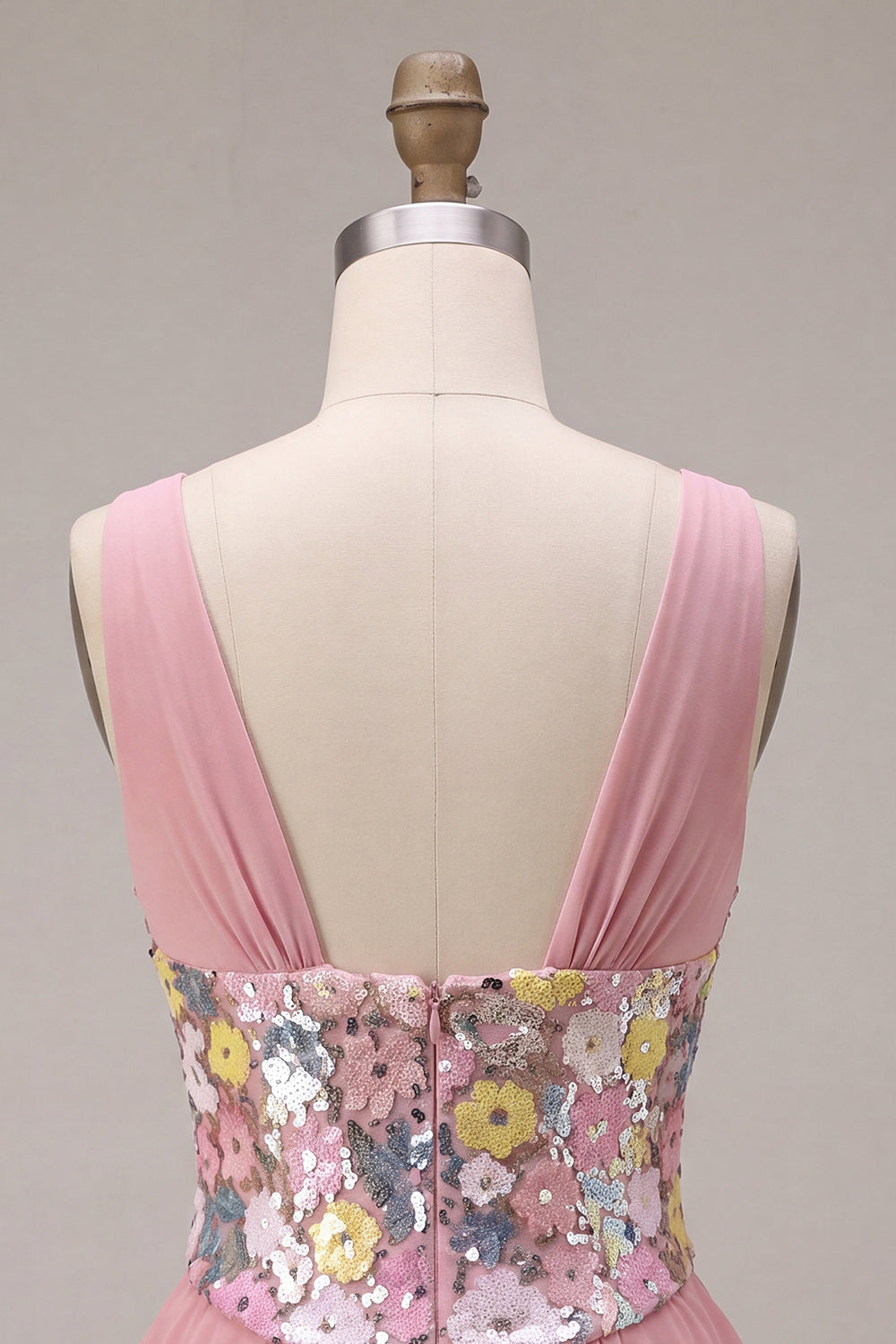 A Line Pink Floral Sequin Sparkly Tiered Ruffled Short Homecoming Dress