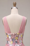 A Line Pink Floral Sequin Sparkly Tiered Ruffled Short Homecoming Dress