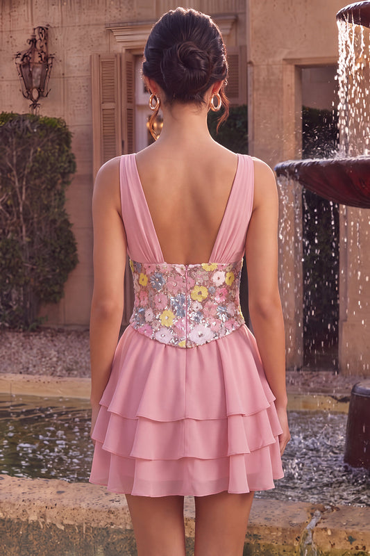 A Line Pink Floral Sequin Sparkly Tiered Ruffled Short Homecoming Dress