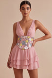 A Line Pink Floral Sequin Sparkly Tiered Ruffled Short Homecoming Dress