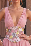 A Line Pink Floral Sequin Sparkly Tiered Ruffled Short Homecoming Dress