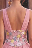 A Line Pink Floral Sequin Sparkly Tiered Ruffled Short Homecoming Dress