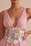 A Line Pink Floral Sequin Sparkly Tiered Ruffled Short Homecoming Dress
